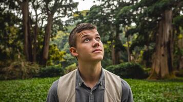 A young man looking up at the sky in a forest photo