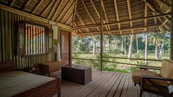 A room with a bed and a wooden floor photo
