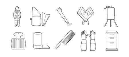 Beekeeper Tools and Equipment Related Object Outline Set Illustration vector