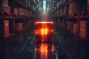 Futuristic Warehouse Concept with Glowing Box for Industrial Innovation photo