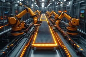 Futuristic Automated Factory with Robotic Arms and Conveyor System for Manufacturing Innovation photo