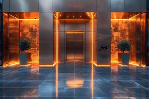 Futuristic Elevator Lobby Design with Warm Ambient Lighting and Modern Decor Elements photo