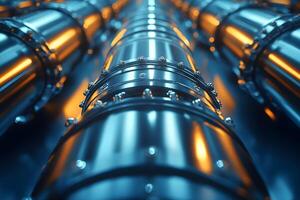 Futuristic Industrial Pipeline Design with Metallic Blue and Orange Glow for Engineering Projects photo