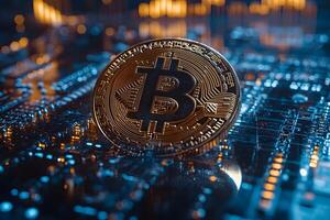 Bitcoin Cryptocurrency Over Circuit Board - Blockchain Technology Concept photo
