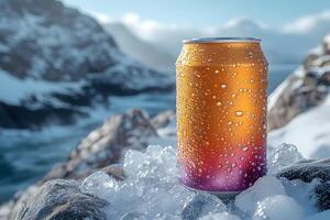 Refreshing Beverage Can on Ice in Majestic Mountain Landscape for Summer Adventure photo