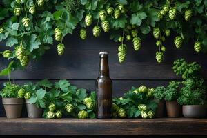 Craft Beer Concept Hop Plants and Beer Bottle Display for Home Brewing and Decor photo