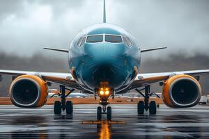 Airplane on Rainy Runway Aviation and Transportation Concept for Travel and Weather Themes photo