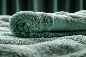 Luxurious Spa Experience Soft Mint Green Rolled Towel on Elegant Fabric photo