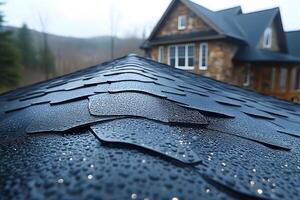 Rain on Modern Shingle Roof with Rustic Stone House in Scenic Countryside photo