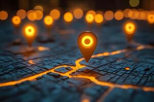 Glowing Map Pins Highlight Urban Navigation and Technology photo