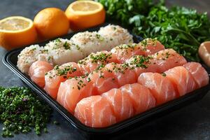 Fresh Sashimi Platter with Salmon and Rice for Culinary Presentation and Menu Design photo