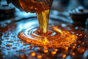 Stream of Golden Liquid Flowing into Shimmering Pool for Industrial Design photo
