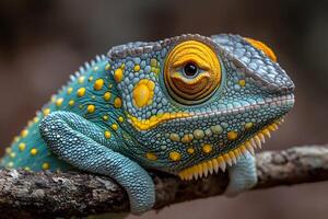 Colorful Chameleon Close-Up on Branch - Vibrant Reptile Photography for Nature Design photo
