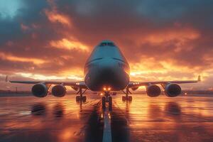 Majestic Airplane at Sunset on Wet Runway - Captivating Aviation Scene photo