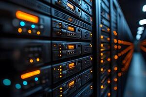 Modern Data Center with Rows of Illuminated Servers Highlighting Technology and Security photo