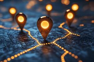 Illuminated Navigation Pins on a Digital Map Location and GPS Concept for Technology Design photo