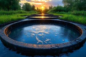 Sunrise Reflection over Circular Water Tanks in Lush Greenery photo