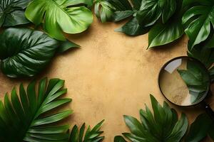 Tropical Leaf Border with Magnifying Glass on Textured Background for Nature and Exploration Themes photo
