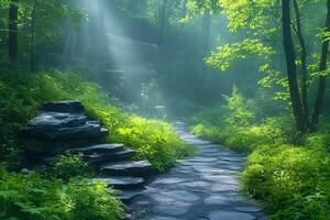 Serene Forest Path with Sunbeams and Lush Greenery for Nature Inspiration photo