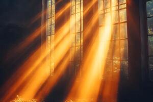 Sunlit Window with Dramatic Golden Rays in Mystical Forest Atmosphere photo