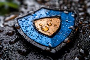 Shield Emblem with Water Droplets - Symbol of Protection and Security Concept photo