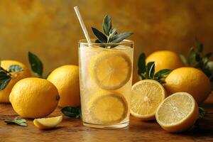 Refreshing Citrus Lemonade with Fresh Sliced Lemons and Greenery for Summer Enjoyment photo