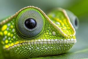 Close-Up of Vibrant Green Chameleon Eye in Natural Habitat photo