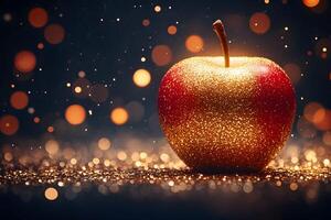 Glittering Apple with Bokeh Background for Festive and Food-Themed Design photo