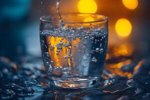 Refreshing Glass of Water with Bokeh Lights for Tranquil Design photo
