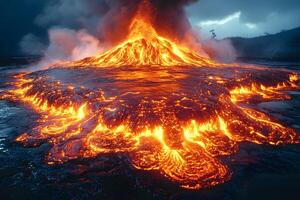 Volcanic Eruption at Dusk Majestic Lava Flow in Dramatic Landscape photo
