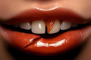 Close-Up of Glossy Red Lips with a Unique Imperfection photo