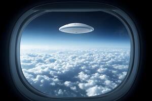 UFO Sighting from Airplane Window Over Cloudy Sky - Science Fiction and Mystery Concept photo