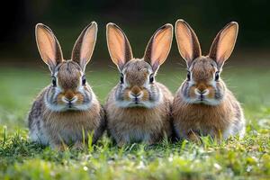 Three Playful Rabbits on Green Grass in Natural Spring Setting photo