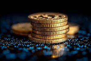 Stacked Gold Bitcoins on Digital Circuit Background for Cryptocurrency and Blockchain Concepts photo