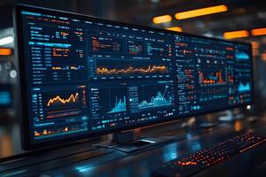 Data Analytics Dashboard Displaying Financial Trends on Multiple Screens in a Modern Office photo