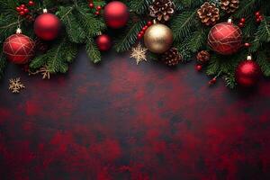 Festive Christmas Background with Red Ornaments and Pine Cones for Holiday Design photo