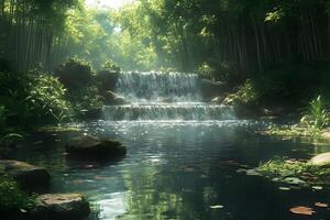 Serene Forest Waterfall Scene with Lush Greenery for Nature Print Design photo