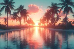 Tropical Paradise Sunset with Palm Trees and Reflective Water for Tranquil Travel and Vacation Design photo