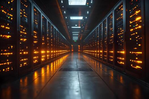 Futuristic Data Center Corridor with Illuminated Servers for Advanced Technology and Cloud Computing photo