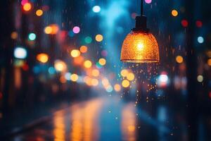 Moody Urban Night with Illuminated Lamp and Rainy Street Bokeh photo