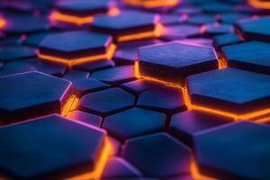 Futuristic Hexagonal Pattern with Glowing Neon Lights for Digital Design and Backgrounds photo