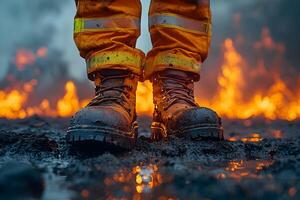 Firefighter in Action Sturdy Boots Amidst Intense Flames for Emergency Response Photography photo