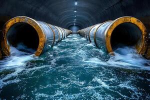 Industrial Water Flow Through Underground Pipes in a Tunnel for Environmental and Hydrodynamic Concepts photo