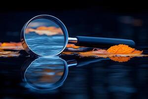 Autumn Reflection Concept with Magnifying Glass on Water Surface for Nature Photography photo