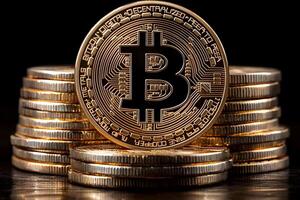 Bitcoin Cryptocurrency Coin Stack for Digital Investment and Blockchain Technology photo