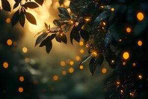 Enchanting Evening Glow Sparkling Leaves and Warm Bokeh for Nature-Themed Design photo