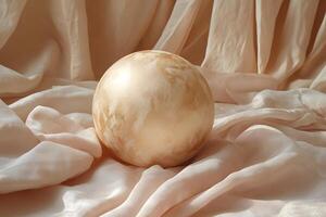 Elegant Golden Spherical Object on Luxurious Silk Fabric for Art and Design Concepts photo