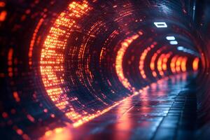 Futuristic Digital Data Tunnel with Glowing Red Lights - Cybersecurity Concept for Tech Design photo