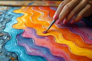 Vibrant Abstract Painting with Wavy Patterns in Warm Colors for Artistic Expression and Interior Design photo