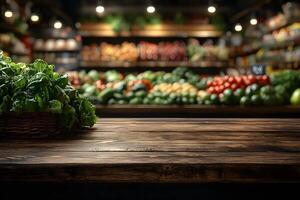 Rustic Wooden Table with Fresh Vegetables in a Grocery Store Setting photo